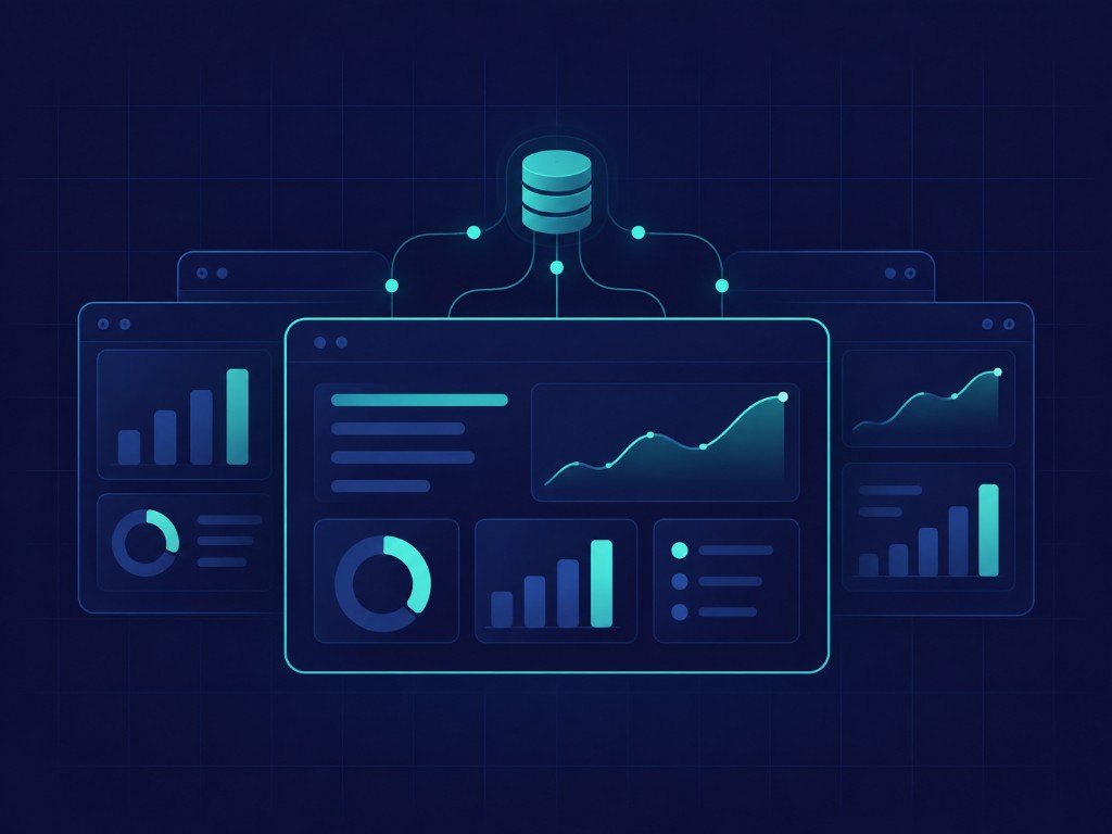 Plataforma conceitual de relatórios com painéis analíticos ligados a uma base de dados.